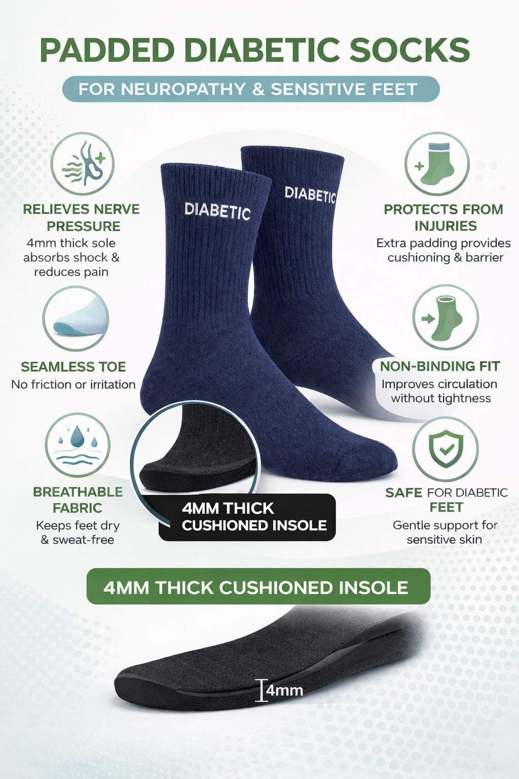 Diabetic Padded Socks for Neuropathy–Seamless,Non-Binding Comfort for Sensitive Feet